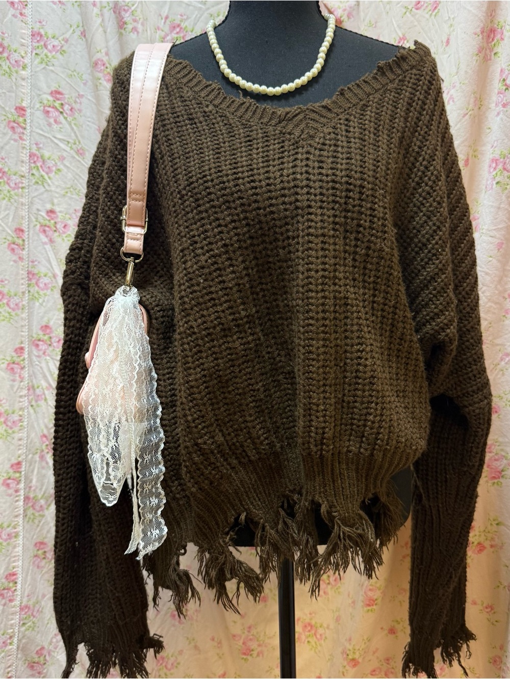 Fashion Nova Chocolate Brown Off-Shoulder Distressed Knit Sweater